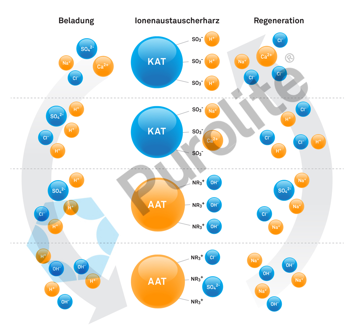 Betriebszyklus eines Ionenaustauschers Purolite Ionenaustauscher Beladung